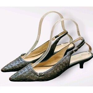 Talbots Sz 5 1/2B Brown Woven Leather Kitten Heel Pumps Pointed Toe Slingback